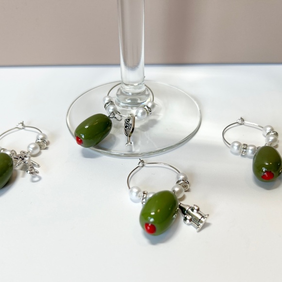 Green Olive Wine Glass Charms – Set of 4 | Martini Party Stemware Markers - Picture 8 of 12